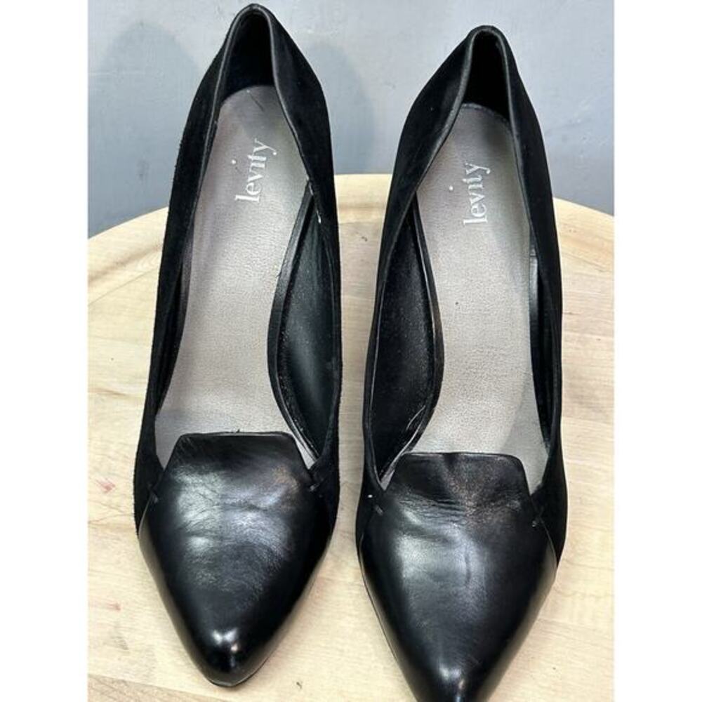 Levity Black Leather Velvet Cone Heel Shoe Womens 9M Classy Office GNO